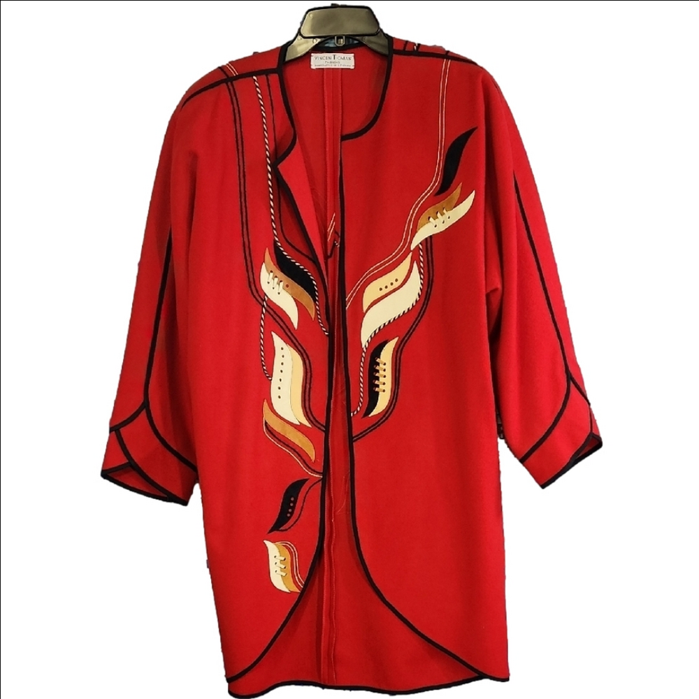 Vintage VINCEN-T-OMAS Red Wool & Leather Jacket with Artistic Design - Picture 1 of 6